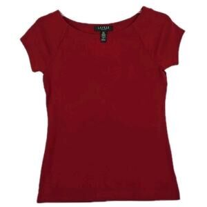 Ralph Lauren ~Woman Size MPetite~ Red Casual Preppy Knit T-Shirt Boat Neck.